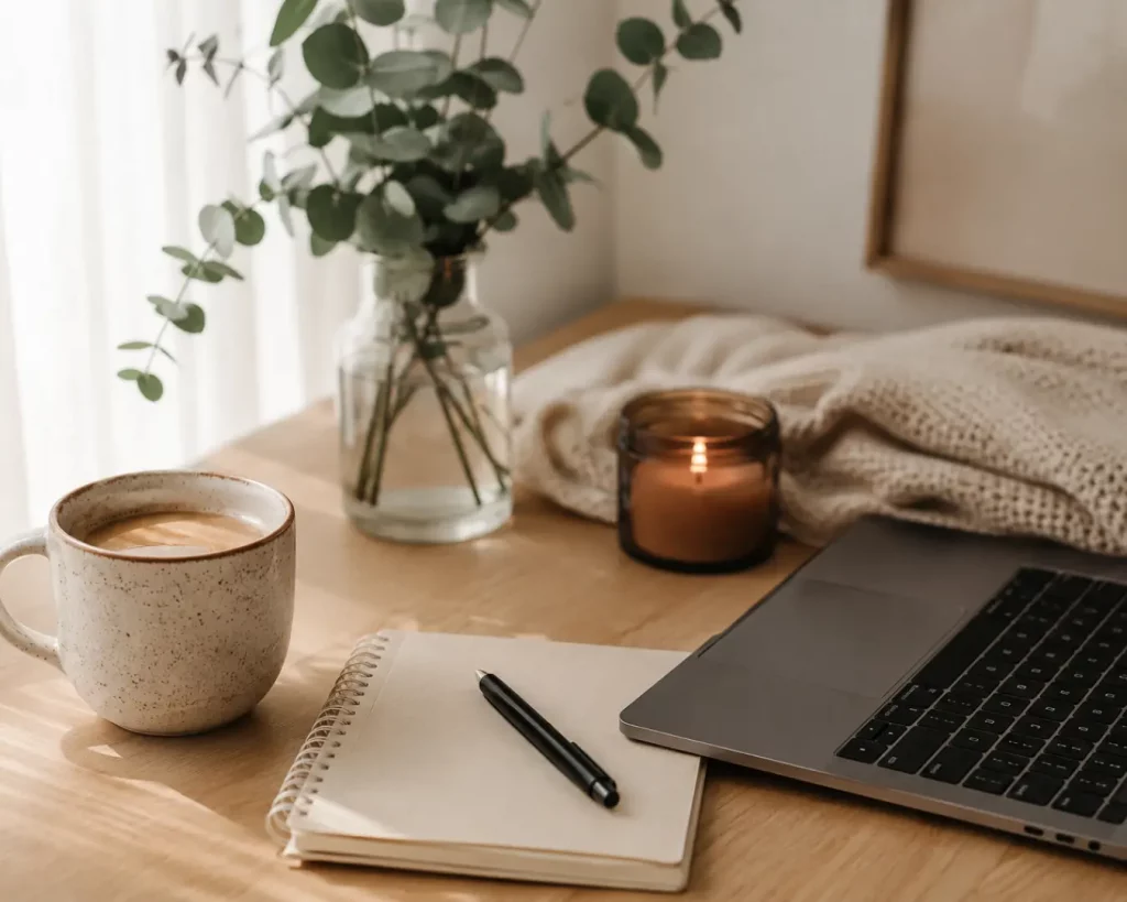Soft, calming workspace scene featuring a coffee cup, notebook, laptop, candle and eucalyptus on a wooden desk in natural light. Neutral tones and cosy styling create a relaxed, modern branding aesthetic.